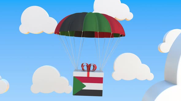 Carton with Flag of Sudan Falls with a Parachute