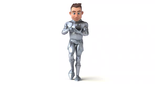 Fun 3D cartoon knight walking with a smartphone