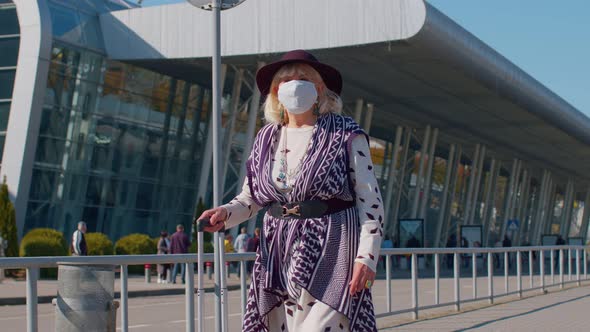 Senior Pensioner Tourist Grandmother Wearing Protective Face Mask Avoid Coronavirus Near Airport