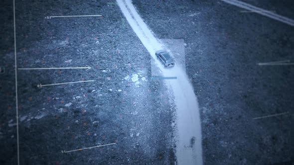 Drone is Tracking Car. Modern spy technology. Live Footage. Surveillance camera. alt