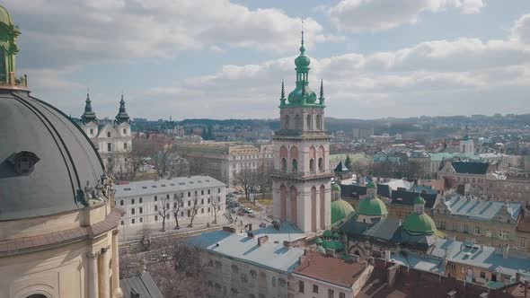 Aerial City Lviv, Ukraine. European City. Popular Areas of the City. Dominican