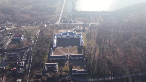 Front Aerial View of the Vyshnivets Palace Ukraine in Autumn