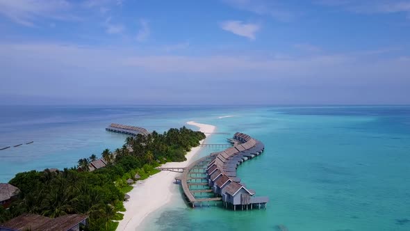 Aerial drone travel of lagoon beach by ocean and sand background