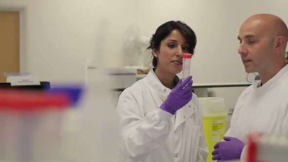 Scientist examening liquid in laboratory