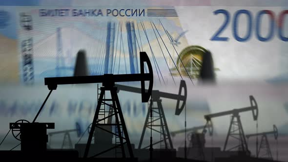 Russia Ruble money counting with oil pump alt