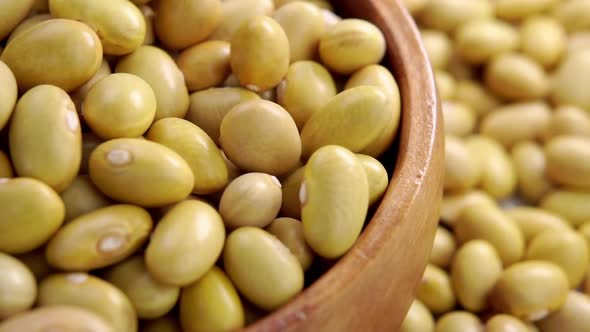 Full wooden bowl with uncooked peruvian bean. Falling mayocoba grains. Macro. Canary legumes