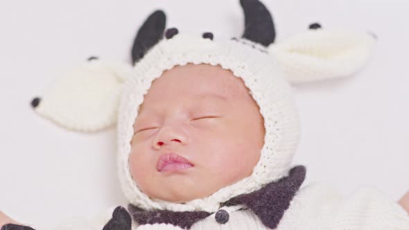 happy newborn baby wearing cute cow costume lying sleep on white background