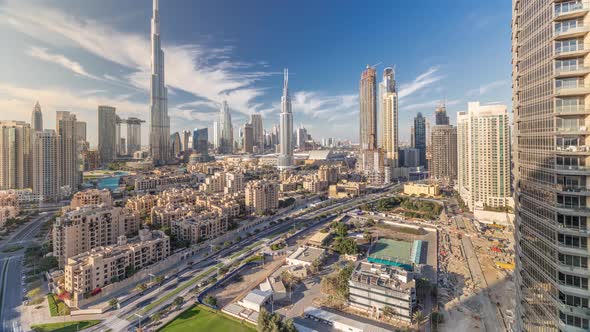 Dubai Downtown Skyline Timelapse with Burj Khalifa and Other Towers Paniramic View From the Top in