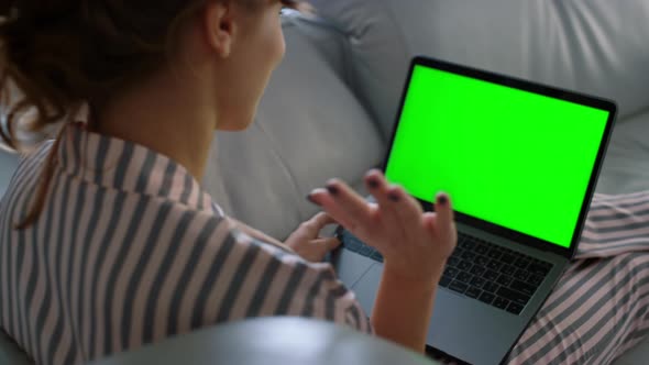 Manager Talking Virtual Meeting with Chroma Key Screen Closeup