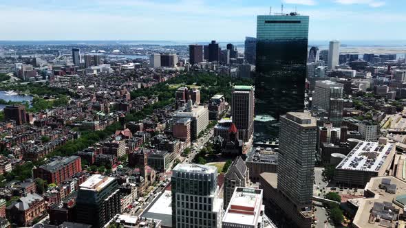 Boston panoramic view over John Hancock Tower, Back Bay, Boston Public Garden, Boston Common and Cha