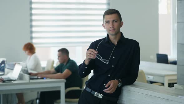 Confident Happy Office Worker Looking Camera Modern Office Positive Male Employee Smiling Face