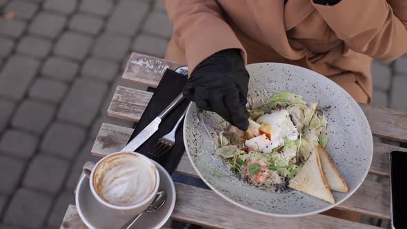 Close Up Attractive Young Woman Black Gloves Hold Cutlery