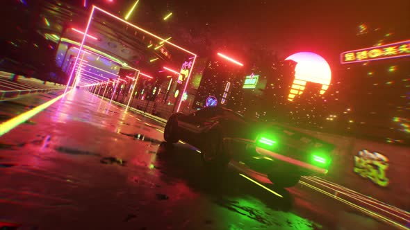 Car and City in Neon Style