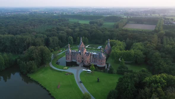 Aerial view of Ooidonk Castle, Sint-Maria-Leerne, Belgium.