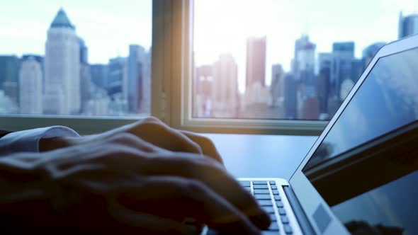 Business Person Working on Digital Computer Screen Monitor in Modern Office