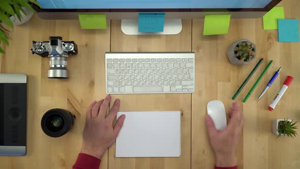 Man Hands Working On Computer At Workplace Flat Lay Closeup