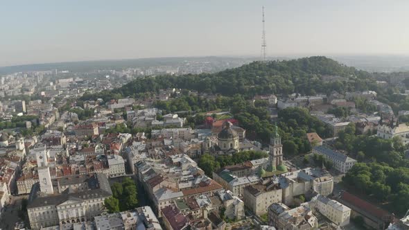 Aerial Drone View of European City Lviv Ukraine Flight Above Popular Ancient Part of Old Town