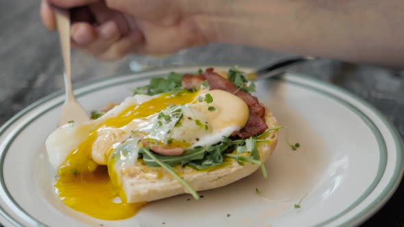 Eggs Benedict with Bread and Tomato on a Plate with Becon Morning Sandwich