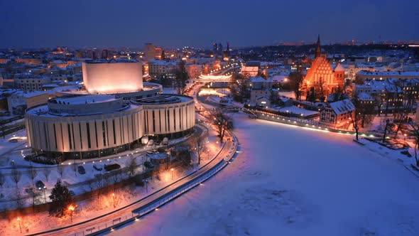 Aerial view of Opera in Bydgoszcz at dusk, Poland