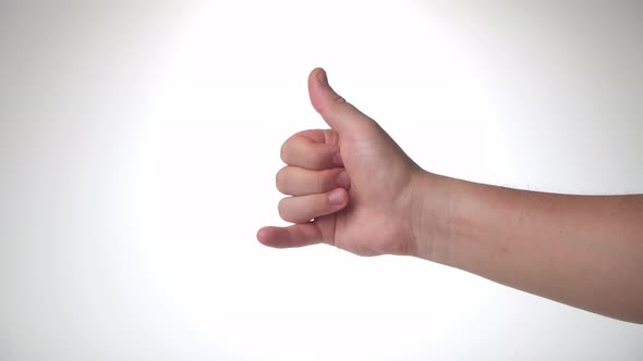 A Man's Hand on a White Background Shows the Gesture of Greeting Surfers Shaka