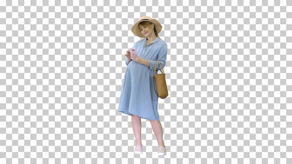 Happy pregnant woman in blue dress and, Alpha Channel