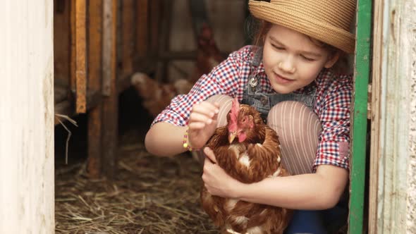 a Little Girl Holds and Strokes a Red Hen