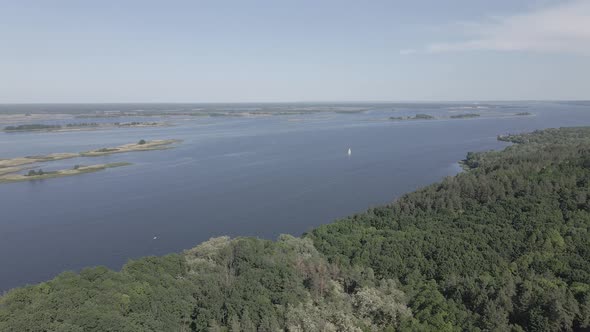 Nature of Ukraine: Dnipro River. Aerial View. Slow Motion, Flat, Gray