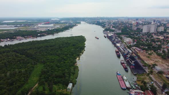 a Large River on the Background of the City is an Aerial View