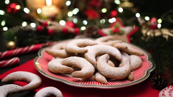 Plate Full of Traditional German or Austrian Vanillekipferl Vanilla Kipferl Cookies