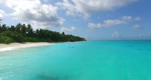 Daytime overhead copy space shot of a paradise sunny white sand beach and blue sea background in hi 