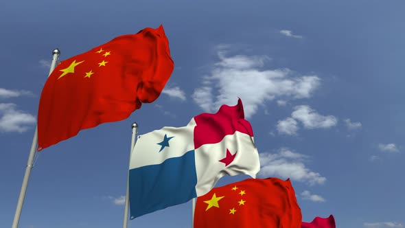 Row of Waving Flags of Panama and China