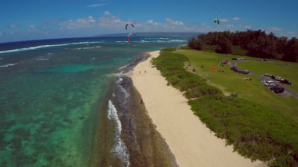 Aerial view of the beach and ocean in Hawaii