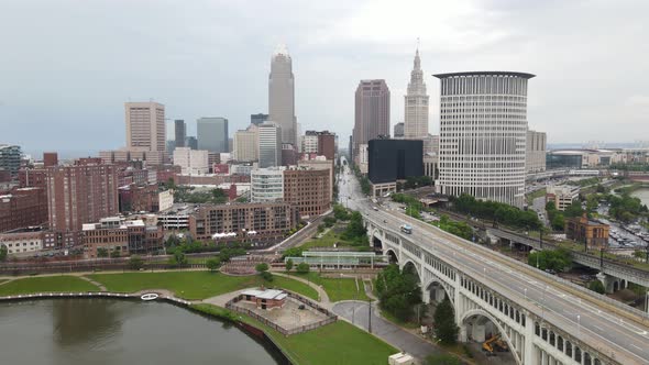 Cleveland, Ohio skyline drone videoing down.