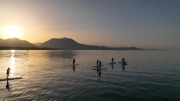 Sup surfing group aerial view 4 K Turkey Alanya