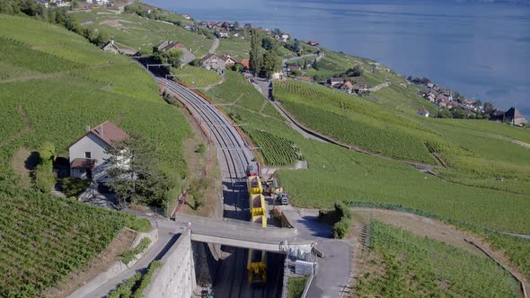 Aerial following of work train in Lavaux vineyard SwitzerlandSummer colors