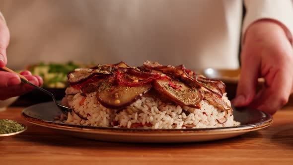 Maqluba Dish Closeup Rice and Vegetables Arabian National Traditional Food