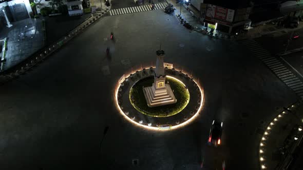 Time lapse of aerial night view of Tugu Jogja or Yogyakarta Monument, Indonesia.