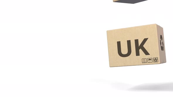 Falling Boxes with PRODUCT OF UK Text alt