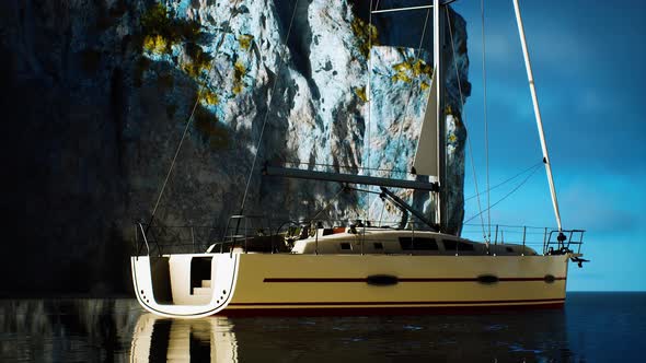 White Yacht Anchored in a Bay with Rocky Cliffs