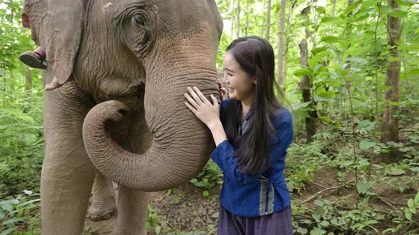 Happy Woman Is Enjoy With Her Best Friend Elephant