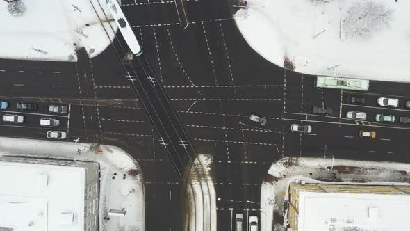 Top View of the Winter Road Intersection in the Center of Minsk