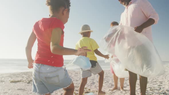 Senior african american couple with grandchildren segregating waste on sunny beach