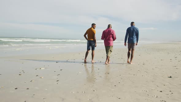 African american senior father and twin teenage sons walking on a beach and talking