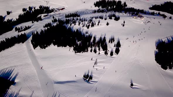 Aerial view of a ski slope in a ski resort in the Tyrolean Alps in Austria