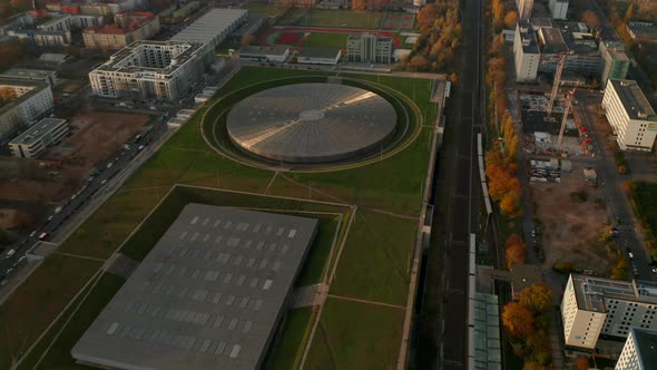 Establishing Aerial Shot Above Futuristic Velodrome Building Cycling Arena in Berlin, Germany