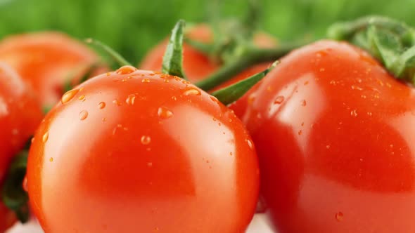 Cherry tomatoes close-up. Rotating on a green background Macro shot. Garden, gardening concept.