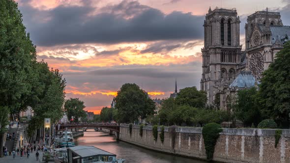 Cathedral Notre Dame De Paris Day to Night Timelapse After Sunset in Paris France