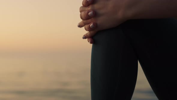 Closeup Stretching Woman Foot in Front Calm Ocean