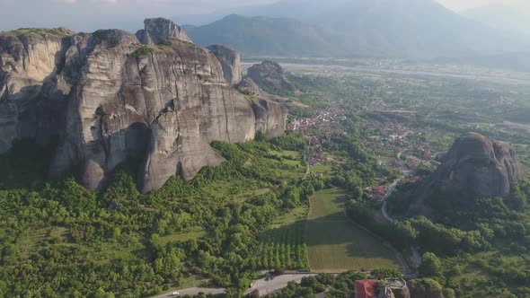 Aerial view of Kalambaka and Kastraki and Meteora rocks