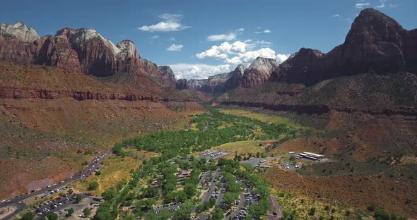 Аerial camera moves over the settlement (Zion National Park, Utah, USA)